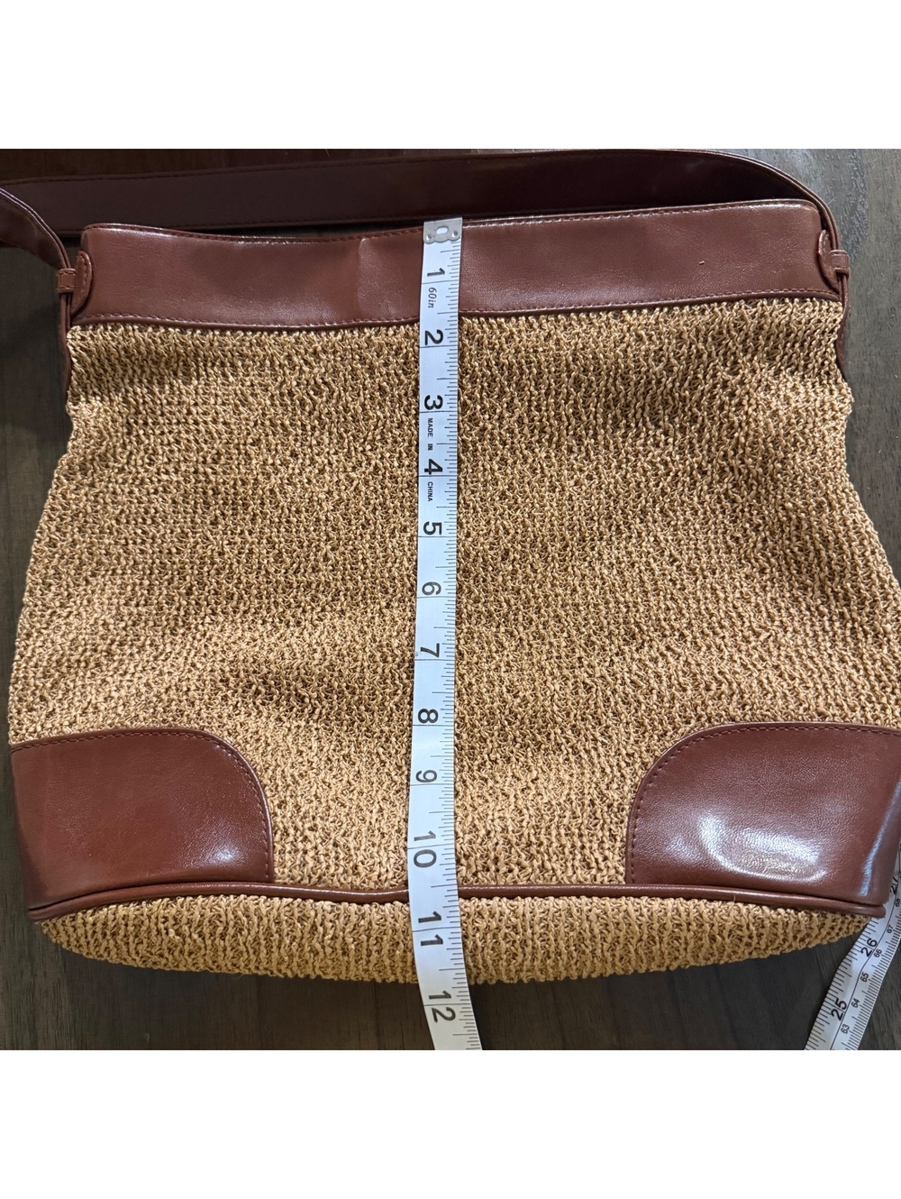 Evan Picone Woven Shoulder Bag Brown Faux Leather Trim Summer Beach Tote Purse - Picture 8 of 8
